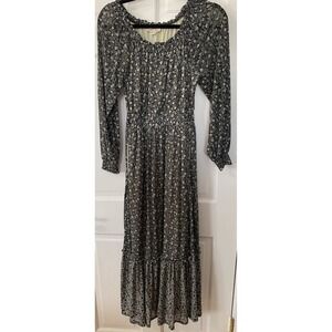 Knox Rose Black Tan Floral Dress SZ S Cottagecore Boho Smocked Maxi Tiered Lined